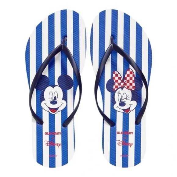New Old Navy x Disney Mickey & Minnie Striped Print Blue/White Flip Flops Size 8 - Picture 1 of 6